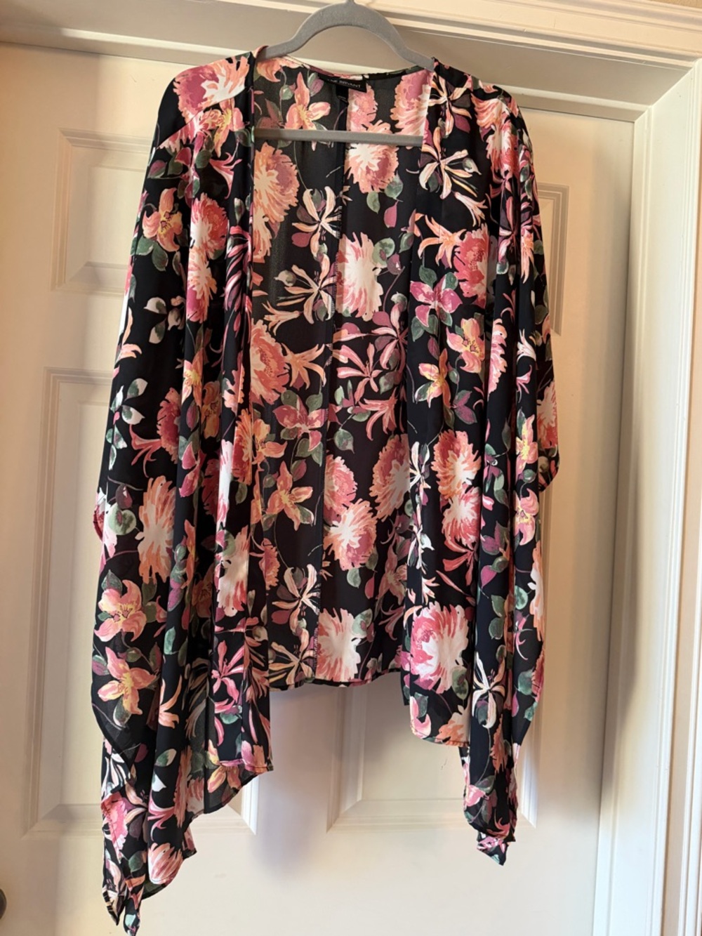 Floral Open-Front Kimono - Black with Pink Floral Print